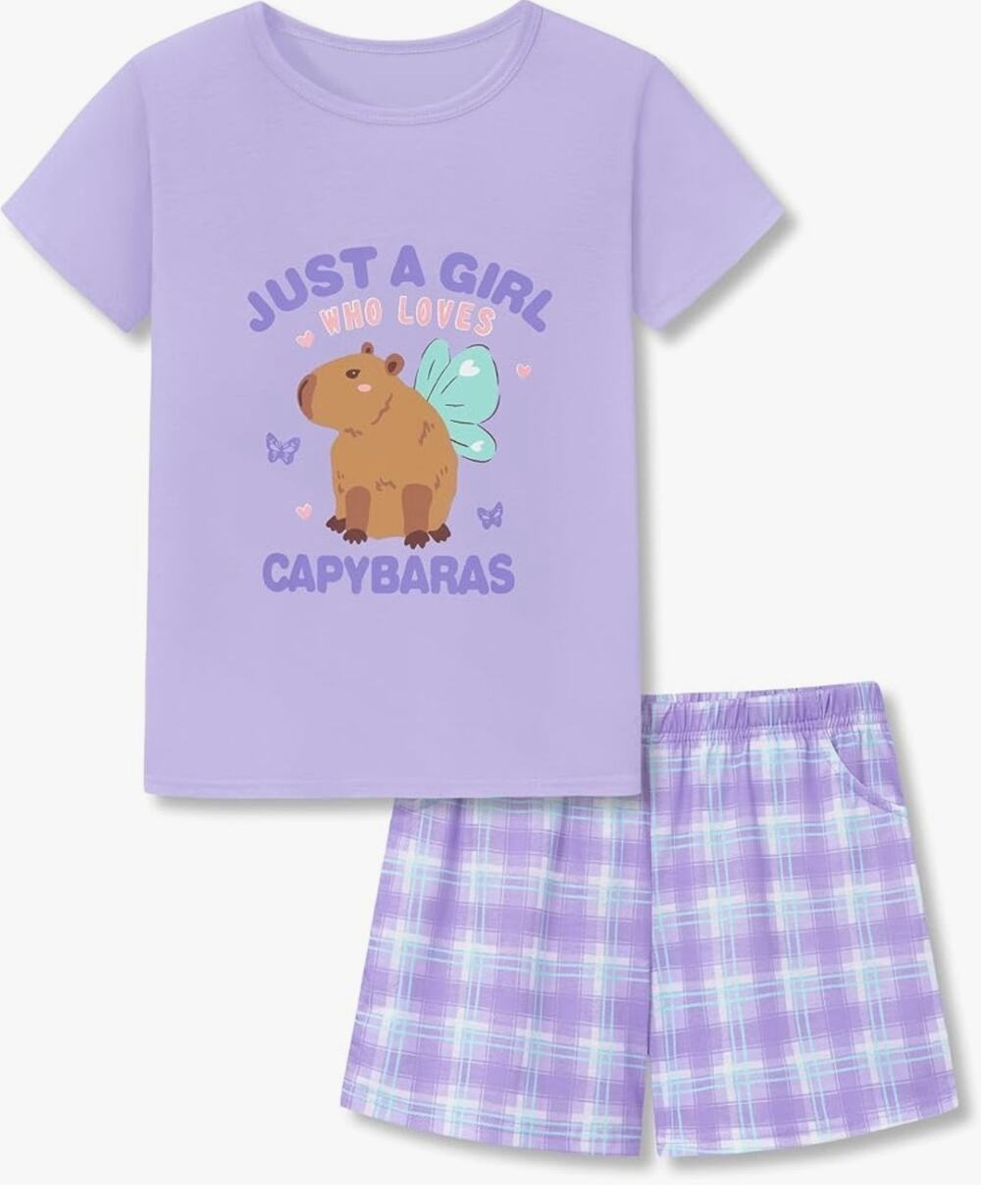 Purple Plaid Capybara Short Sleeves & Shorts Soft 2-Piece PJ Set Kid Jammies 10